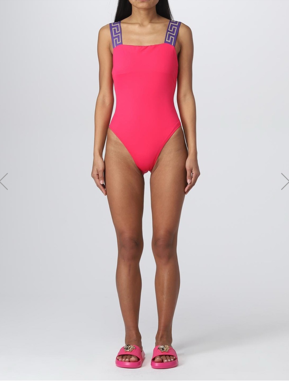 Versace Hot Pink One-Piece Swimsuit with Purple Greek Key Straps